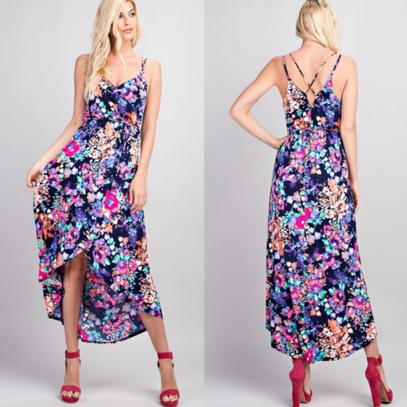 LAST ONE🌺Navy & Purple Floral Faux Wrap Maxi Dress - Picture 3 of 7